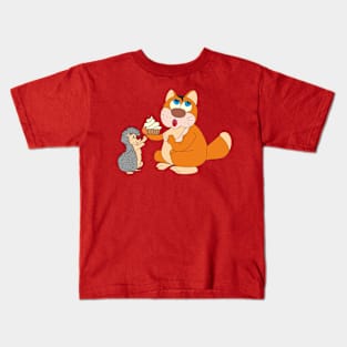 Cat with cupcake and hedgehog Kids T-Shirt